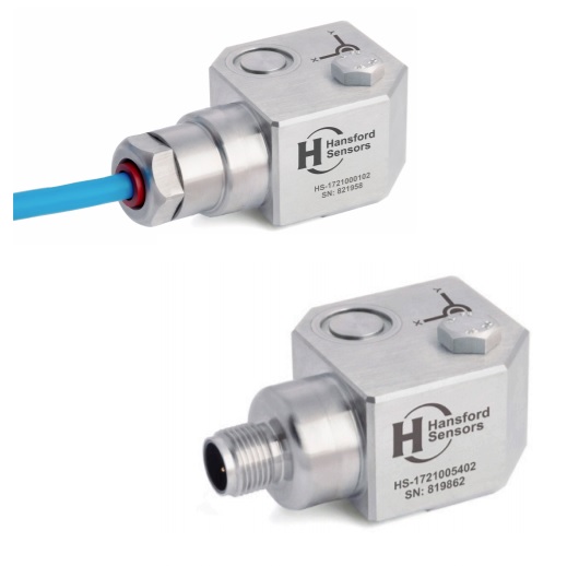 Acelerómetro biaxial industrial con salida lateral conector o cable. Sensibilidad desde 10 a 500mV/g, ancho de banda desde 0.8 a 15kHz. IP67.