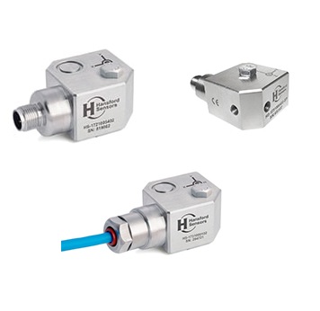 Acelerómetro triaxial industrial con salida radial en conector o cable. Sensibilidad desde 10 a 500mV/g, ancho de banda desde 0.8 a 15kHz. Protección IP67.